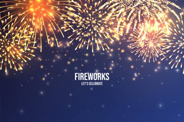 Şenlikhavai. Mavi soyut arka plan üzerinde gerçekçi renkli havai fişek. Çok renkli patlama. Noel veya Yeni Yıl tebrik kartı. Işıklar Diwali festivali. Vektör çizimi.