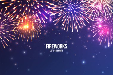 Şenlikhavai. Mavi soyut arka plan üzerinde gerçekçi renkli havai fişek. Çok renkli patlama. Noel veya Yeni Yıl tebrik kartı. Işıklar Diwali festivali. Vektör çizimi.