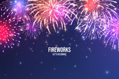 Şenlikhavai. Mavi soyut arka plan üzerinde gerçekçi renkli havai fişek. Çok renkli patlama. Noel veya Yeni Yıl tebrik kartı. Işıklar Diwali festivali. Vektör çizimi.