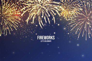 Şenlikhavai. Mavi soyut arka plan üzerinde gerçekçi renkli havai fişek. Çok renkli patlama. Noel veya Yeni Yıl tebrik kartı. Işıklar Diwali festivali. Vektör çizimi.