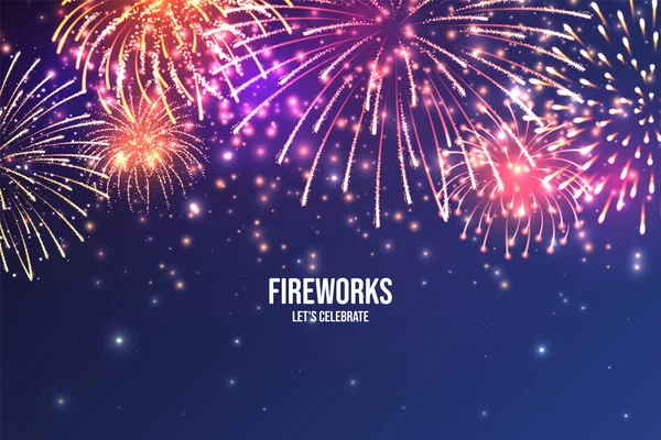 Ünnepi tűzijáték. Reális színes tűzijáték a kék absztrakt háttér. Többszínű robbanás. Karácsonyi vagy újévi üdvözlőlap. Diwali a fény ünnepe. Vektoros illusztráció. — Stock Vector