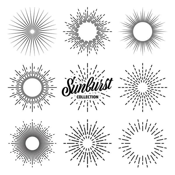 Vintage sunburst collection. Bursting sun rays. Fireworks. Logotype or lettering design element. Radial sunset beams. Vector illustration. — Stock Vector