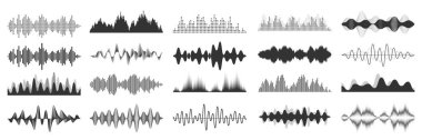Ses dalgaları koleksiyonu. Analog ve dijital ses sinyali. Müzik eşitleyicisi. Parazit ses kaydı. Yüksek frekanslı radyo dalgası. Vektör illüstrasyonu.