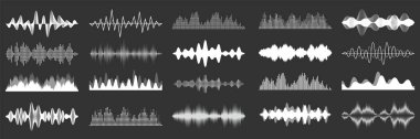 Sound waves collection. Analog and digital audio signal. Music equalizer. Interference voice recording. High frequency radio wave. Vector illustration. clipart