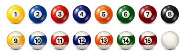 Billiard, pool balls with numbers collection. Realistic glossy snooker ball. White background. Vector illustration. clipart