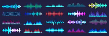 Renkli ses dalgaları koleksiyonu. Analog ve dijital ses sinyali. Müzik eşitleyicisi. Parazit ses kaydı. Yüksek frekanslı radyo dalgası. Vektör illüstrasyonu.