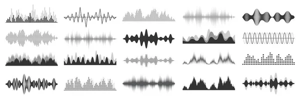 Coleção de ondas sonoras. Sinal de áudio analógico e digital. Equalizador de música. Gravação de voz de interferência. Onda de rádio de alta frequência. Ilustração vetorial . — Vetor de Stock