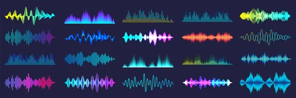 Sbírka barevných zvukových vln. Analogový a digitální audio signál. Hudební ekvalizér. Rušení hlasové nahrávky. Vysokofrekvenční rádiová vlna. Vektorová ilustrace. — Stockový vektor