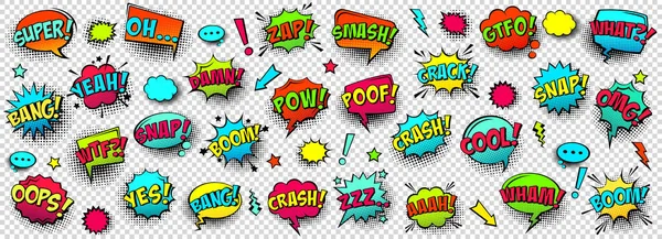 Comic-farbige Sprechblasen mit Halbtonschatten und Textphrasen. Klanglicher Ausdruck von Emotionen. handgezeichnete Retro-Cartoon-Sticker. Pop-Art-Stil. Vektorillustration. — Stockvektor