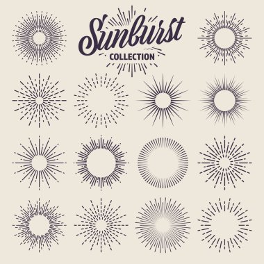 Klasik güneş kremi koleksiyonu. Patlayan güneş ışınları. Havai fişekler. Logotype ya da harf tasarım elemanı. Radyal günbatımı ışınları. Vektör illüstrasyonu.