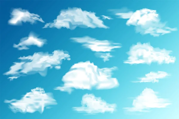 실제 구름 이 설정되어 있다. 하얀 구름. 푸른 하늘 파노라마. 사기적 인 예. — 스톡 벡터