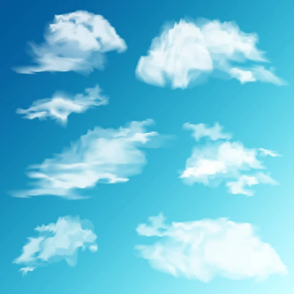 Realistic Clouds Set. White cloud. Blue Sky Panorama. Vector Illustration. — Stock Vector
