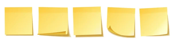 Notes collantes vierges réalistes isolées sur fond blanc. Feuilles jaunes de papier à lettres. Rappel papier. Illustration vectorielle. — Image vectorielle