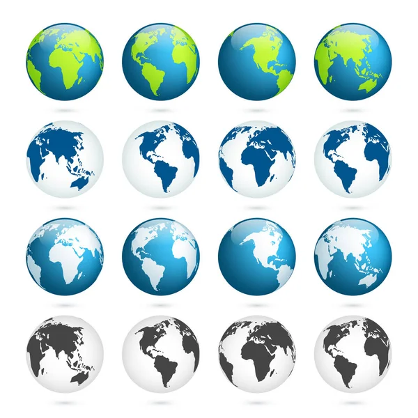 Erdkugel. Weltkarte gesetzt. Planet mit Kontinenten. Afrika, Asien, Australien, Europa, Nordamerika und Südamerika. — Stockvektor