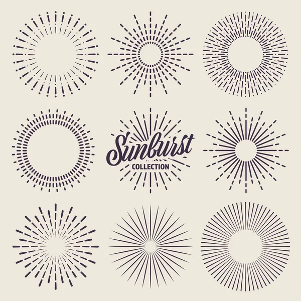 Vintage sunburst collection. Bursting sun rays. Fireworks. Logotype or lettering design element. Radial sunset beams. Vector illustration. — Stock Vector