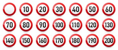 Yol işaretleri koleksiyonu. Trafik kontrol işareti. Hız limiti. Vektör illüstrasyonu.