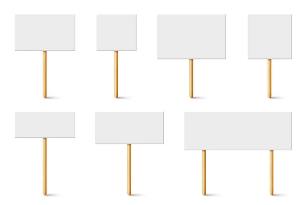 Blank protest sign with wooden holder. Realistic vector demonstration banner. Strike action cardboard placard mockup. — Stock Vector