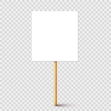 Tahta tutacağı olan boş bir protesto tabelası. Gerçekçi vektör gösterim pankartı. Eylem karton pano modellemesini sil.