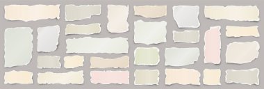 Yırtılmış kağıt şeritler. Yırtık kenarlı gerçekçi kağıt kırıntıları. Defter sayfalarının parçaları. Vektör illüstrasyonu.