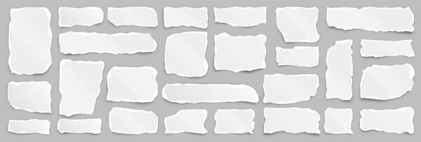 Рваные бумажные полоски. Реалистичные смятые бумажные объедки с разорванными краями. Осколки страниц блокнота. Векторная иллюстрация.