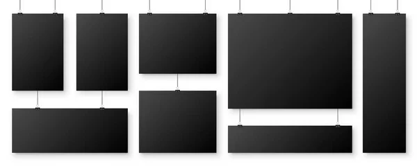 Ρεαλιστικά λευκά φύλλα χαρτιού που κρέμονται σε συνδετήρα. Μαύρη διανυσματική αφίσα με σκιά σε μέγεθος Α4. Πρότυπο σχεδιασμού, μακέτα. — Διανυσματικό Αρχείο