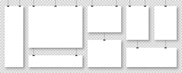 Lembaran kertas kosong realistis tergantung pada klip binder. Poster vektor putih dengan bayangan dalam format A4. Templat desain, mockup. - Stok Vektor