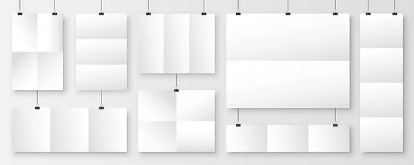 Realistische leere Büroblätter, die an einer Ordnerklammer hängen. Weißes Vektorposter mit Schatten im Format DIN A4. Design-Vorlage, Attrappe. — Stockvektor