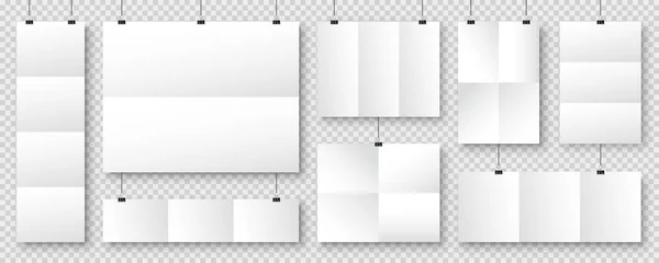Realistiska tomma pappersark hängande på pärmklipp. Vit vektoraffisch med skugga i A4-format. Design mall, mockup. — Stock vektor