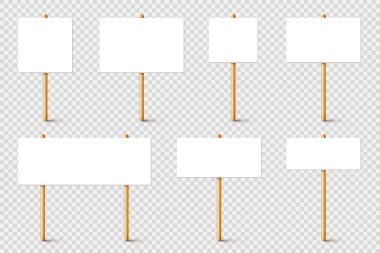 Tahta tutacağı olan boş bir protesto tabelası. Gerçekçi vektör gösterim pankartı. Eylem karton pano modellemesini sil.