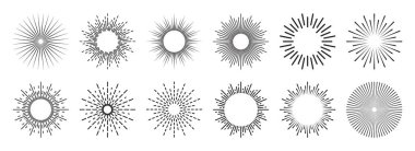 Klasik güneş kremi koleksiyonu. Patlayan güneş ışınları. Havai fişekler. Logotype ya da harf tasarım elemanı. Radyal günbatımı ışınları. Vektör illüstrasyonu.