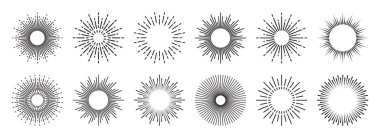 Klasik güneş kremi koleksiyonu. Patlayan güneş ışınları. Havai fişekler. Logotype ya da harf tasarım elemanı. Radyal günbatımı ışınları. Vektör illüstrasyonu.