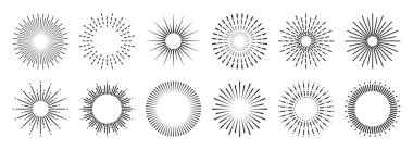 Klasik güneş kremi koleksiyonu. Patlayan güneş ışınları. Havai fişekler. Logotype ya da harf tasarım elemanı. Radyal günbatımı ışınları. Vektör illüstrasyonu.
