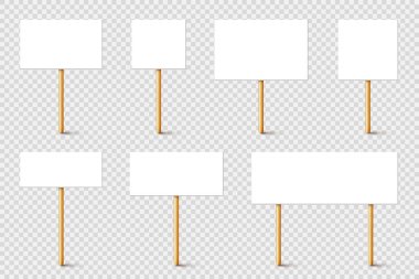 Tahta tutacağı olan boş bir protesto tabelası. Gerçekçi vektör gösterim pankartı. Eylem karton pano modellemesini sil.