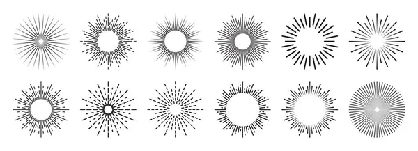 Винтажная коллекция солнечных вспышек. Горячие солнечные лучи. Фейерверк. Логотип или элемент оформления букв. Радиальные лучи заката. Векторная иллюстрация. — стоковый вектор
