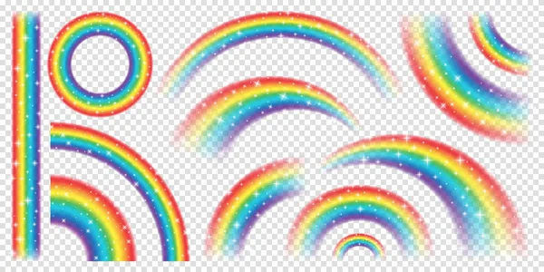 Abstrakte realistische bunte Regenbogen mit glänzenden Sternen auf transparentem Hintergrund. Vektorillustration. — Stockvektor