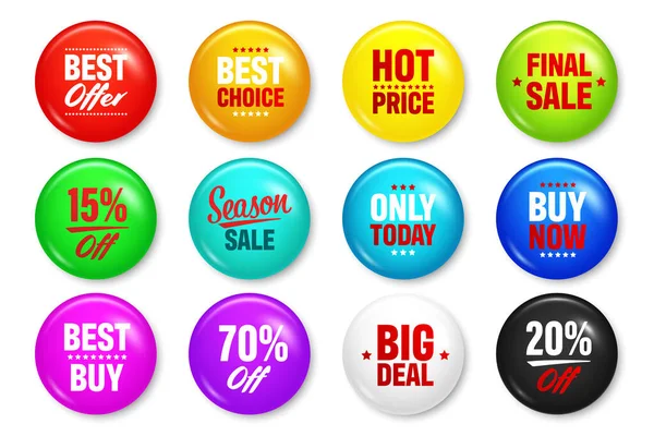 Realistische badges met tekst. Product promotie, verkoop. Speciale aanbieding. Glanzende ronde knop. Pin badge model. Vectorillustratie. — Stockvector