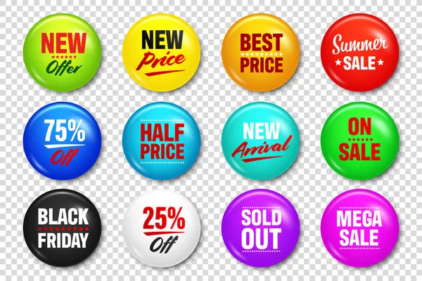 Realistische badges met tekst. Product promotie, verkoop. Speciale aanbieding. Glanzende ronde knop. Pin badge model. Vectorillustratie. — Stockvector