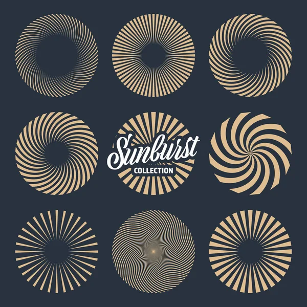 Collection vintage sunburst. Des rayons de soleil éclatants. Feux d'artifice. Rayons de coucher de soleil radiaux. Illustration vectorielle. — Image vectorielle