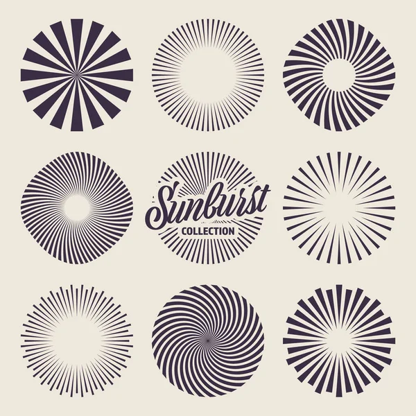 Vintage Sunburst Kollektion. Strahlende Sonnenstrahlen. Feuerwerk. Radiale Sonnenuntergangsstrahlen. Vektorillustration. — Stockvektor