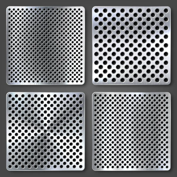 Set di texture in metallo spazzolato traforato realistico. Fondo in acciaio inox lucido. Illustrazione vettoriale. — Vettoriale Stock