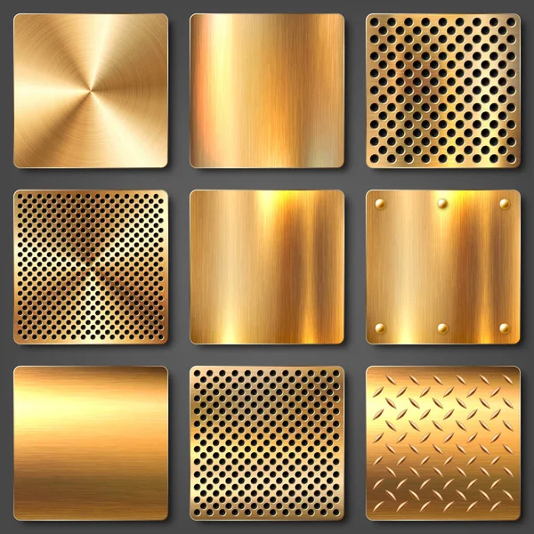 Realistische geborstelde metalen texturen set. Gepolijste roestvrijstalen achtergrond. Vectorillustratie. — Stockvector