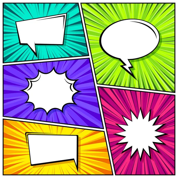 Cartoon comic backgrounds set. Speech bubble. Comics book colorful poster with radial lines. Retro Pop Art style. Vector illustration. — Stock Vector