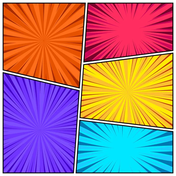 Stripverhaal achtergrond set. Stripboek kleurrijke poster met radiale lijnen. Retro Pop Art stijl. Vectorillustratie. — Stockvector