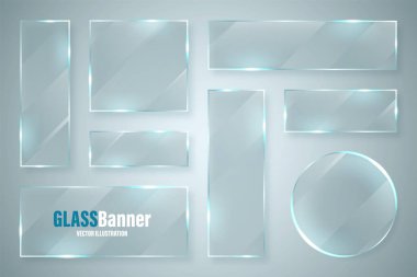Cam çerçeve koleksiyonu. Parıltılı, gerçekçi şeffaf cam pankart. Vektör tasarım ögesi.