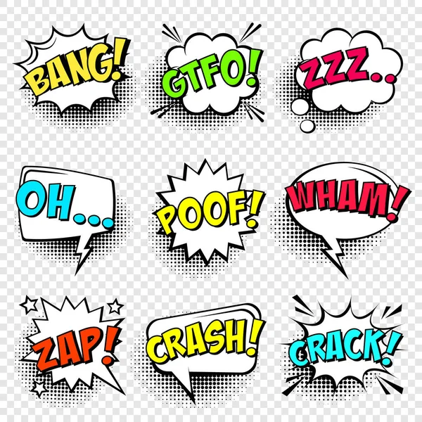 Comic speech bubbles with halftone shadow and text phrase. Vector hand drawn retro cartoon stickers. Pop art style. — Stock Vector