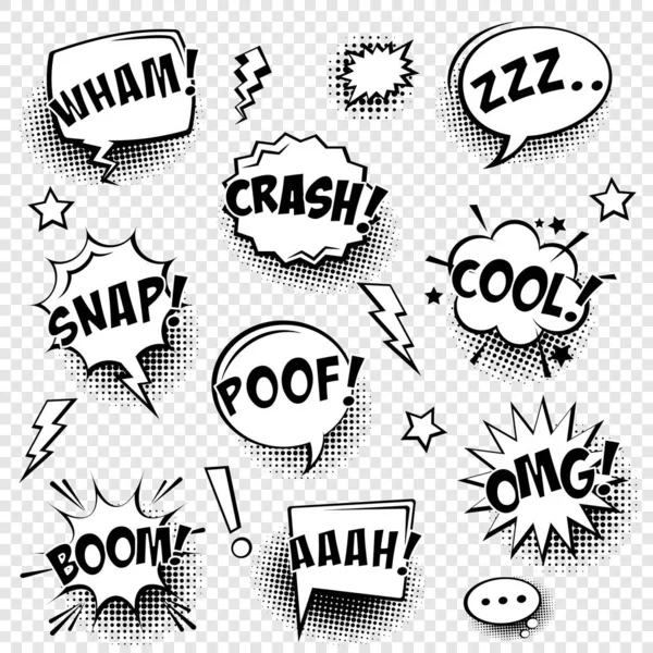 Komische Sprechblasen mit Halbtonschatten und Textphrasen. Vector handgezeichnete Retro-Cartoon-Sticker. Pop-Art-Stil. — Stockvektor