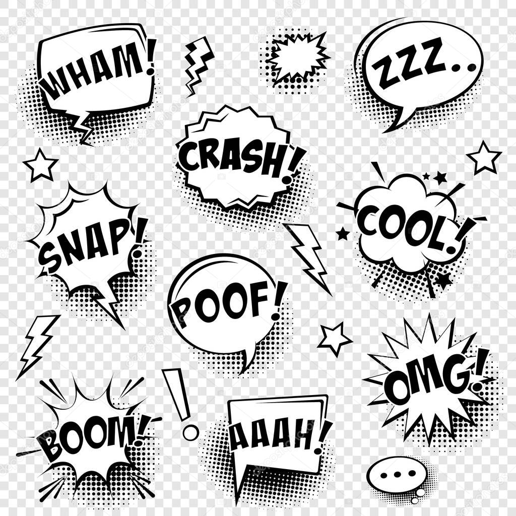 Comic speech bubbles with halftone shadow and text phrase. Vector hand drawn retro cartoon stickers. Pop art style.