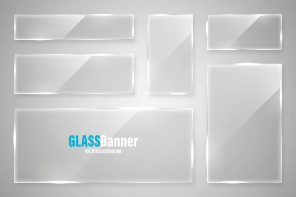 Insamling av glasrutor. Realistisk glansig transparent glasbanner med bländning. Vektorns konstruktionsdel. — Stock vektor