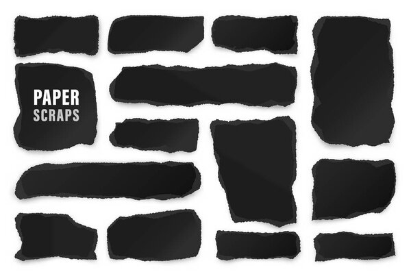 Разорванные черные бумажные полоски. Реалистичные смятые бумажные объедки с разорванными краями. Осколки страниц блокнота. Векторная иллюстрация