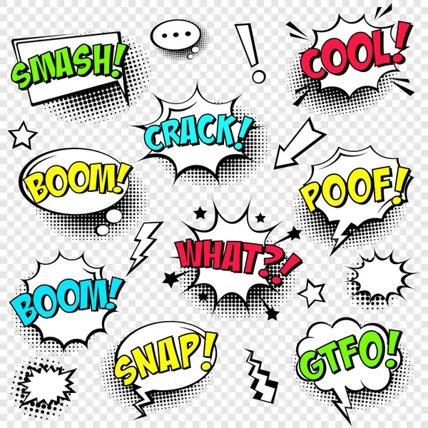 Comic speech bubbles with halftone shadow and text phrase. Vector hand drawn retro cartoon stickers. Pop art style. — Stock Vector